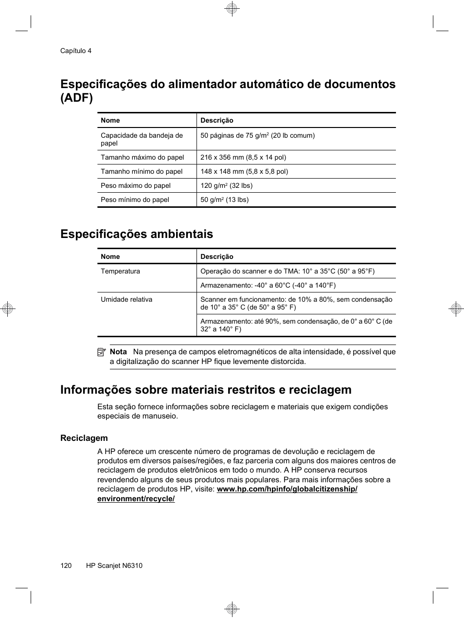 Especificações ambientais, Informações sobre materiais restritos e reciclagem | HP Scanjet N6310 User Manual | Page 124 / 128