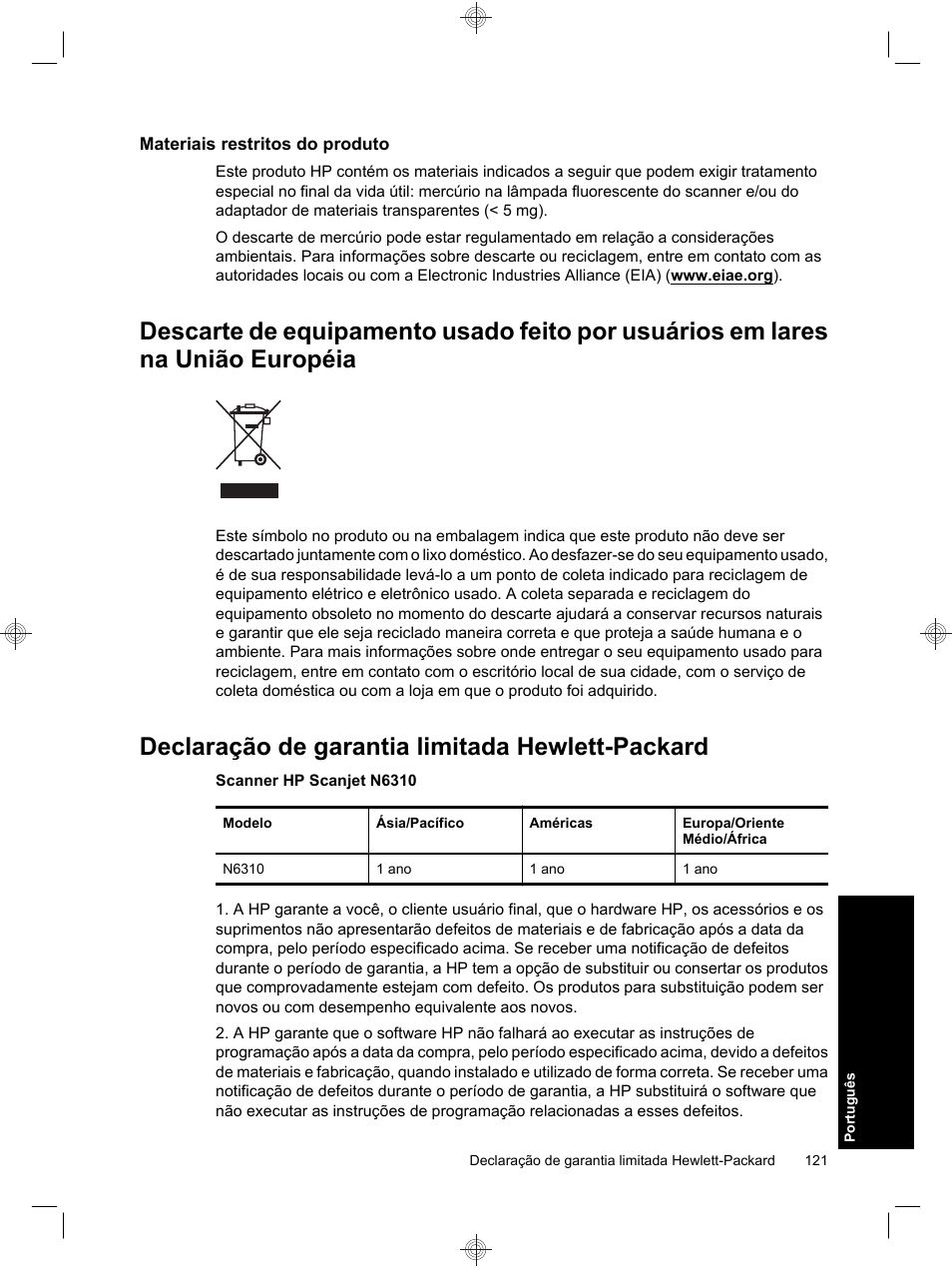 Declaração de garantia limitada hewlett-packard | HP Scanjet N6310 User Manual | Page 125 / 128