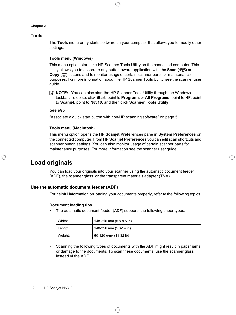 Load originals | HP Scanjet N6310 User Manual | Page 16 / 128