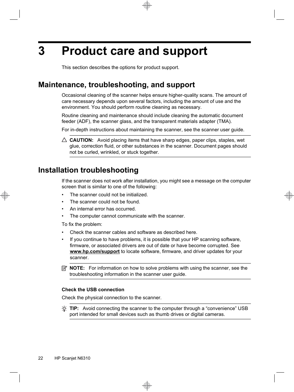 3product care and support, Maintenance, troubleshooting, and support, Installation troubleshooting | HP Scanjet N6310 User Manual | Page 26 / 128