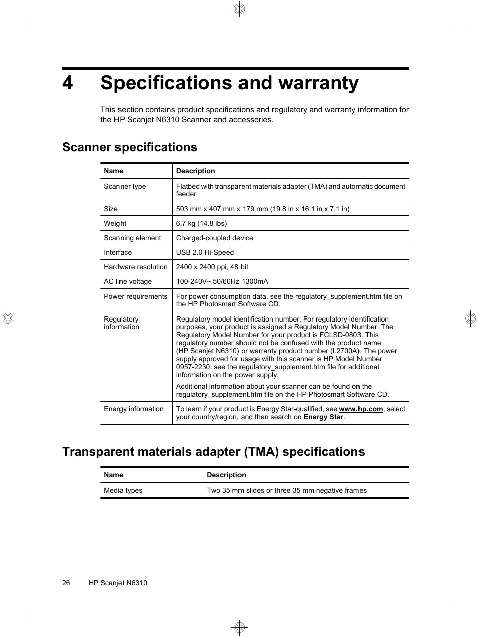 4specifications and warranty, Scanner specifications, Transparent materials adapter (tma) specifications | HP Scanjet N6310 User Manual | Page 30 / 128