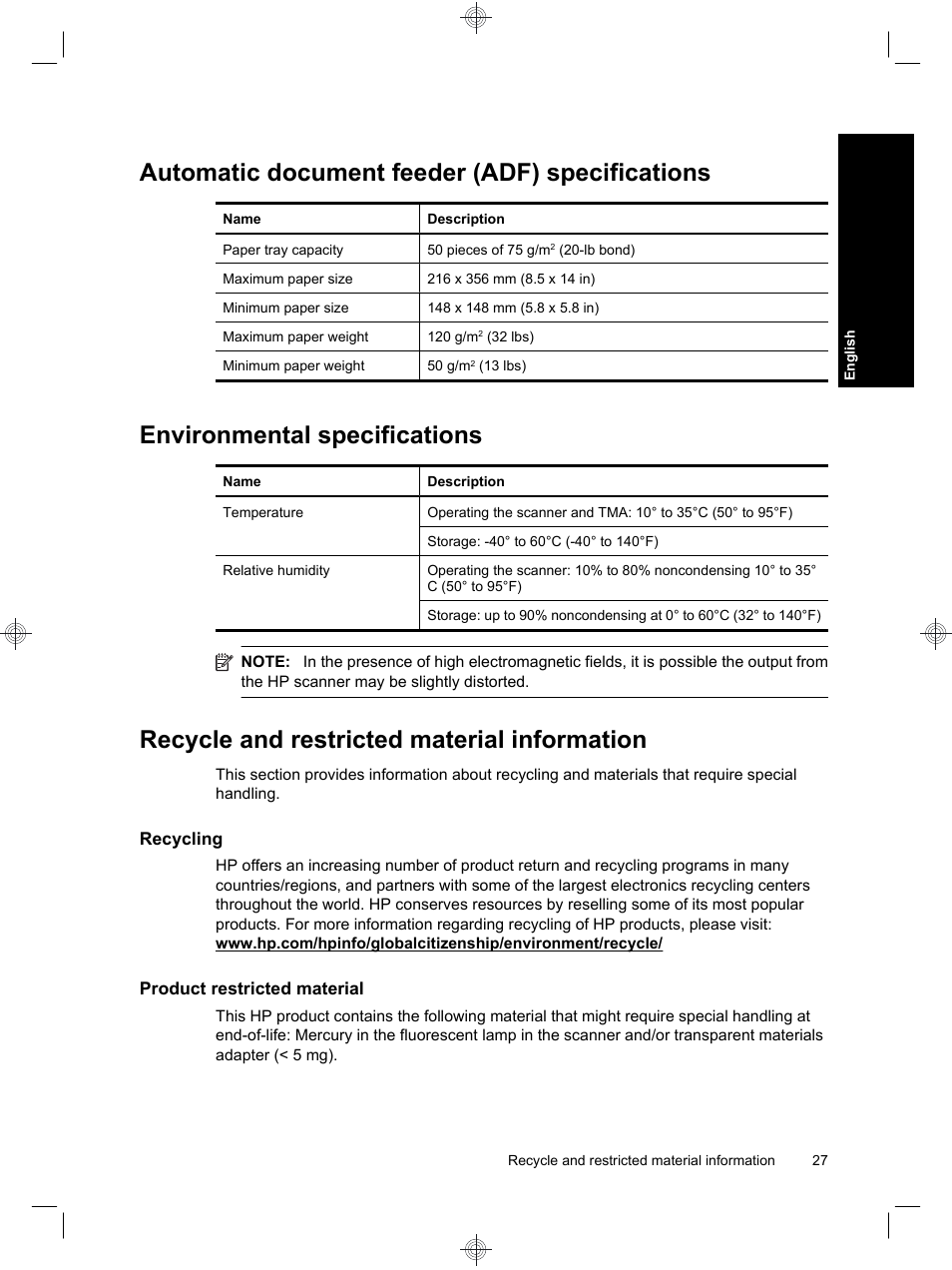 Automatic document feeder (adf) specifications, Environmental specifications, Recycle and restricted material information | HP Scanjet N6310 User Manual | Page 31 / 128