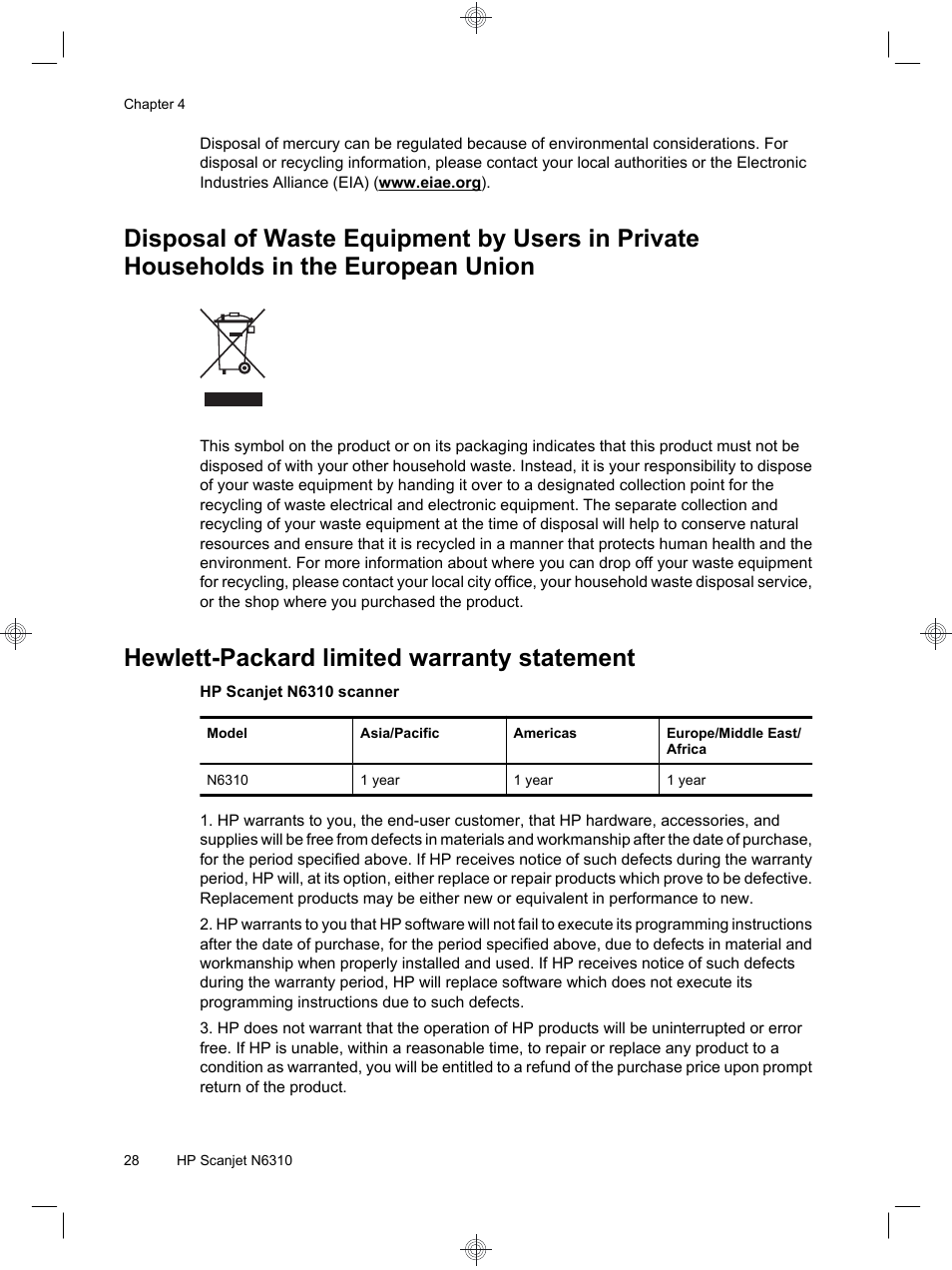 Hewlett-packard limited warranty statement | HP Scanjet N6310 User Manual | Page 32 / 128