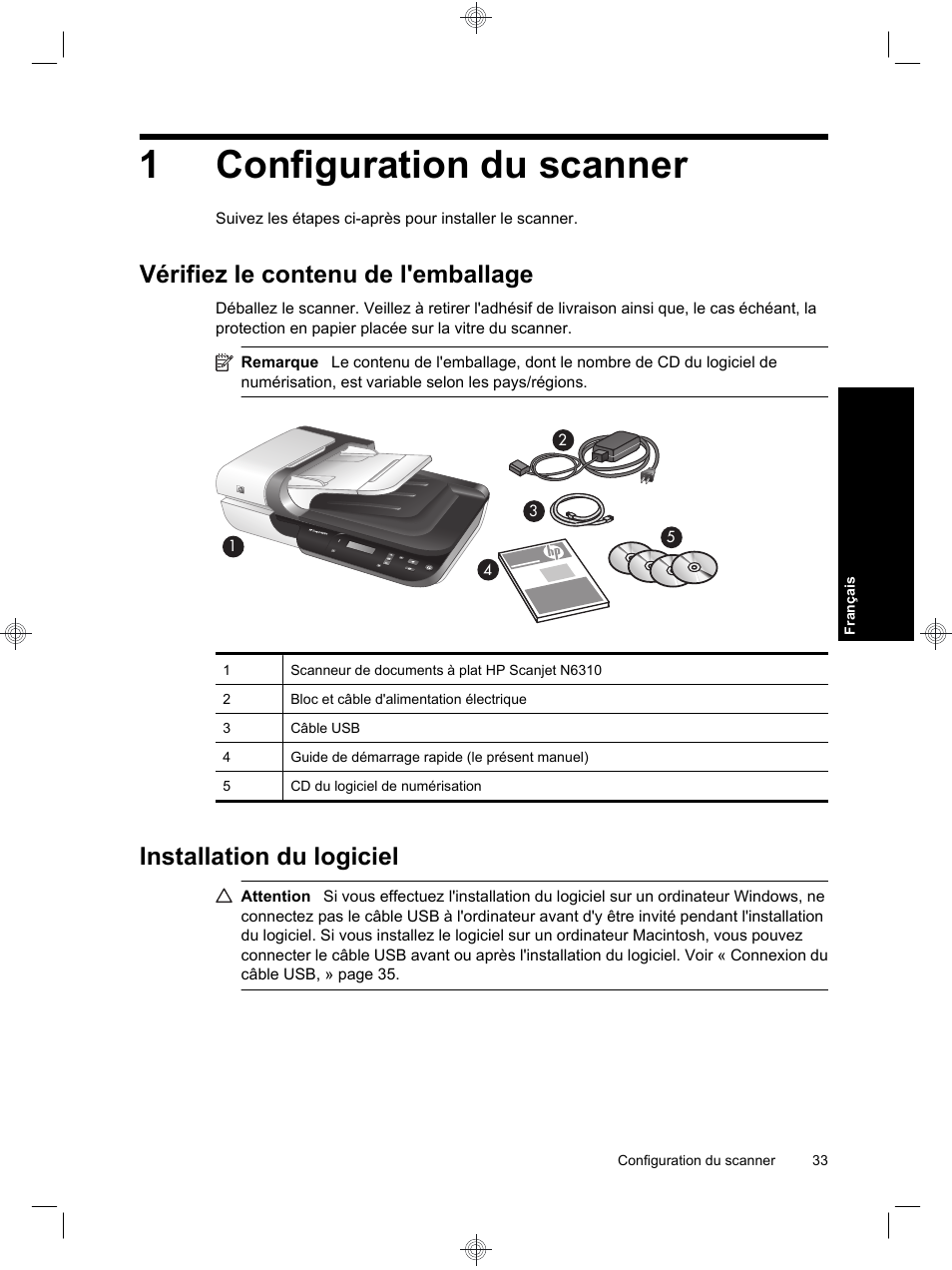 1configuration du scanner, Vérifiez le contenu de l'emballage, Installation du logiciel | HP Scanjet N6310 User Manual | Page 37 / 128