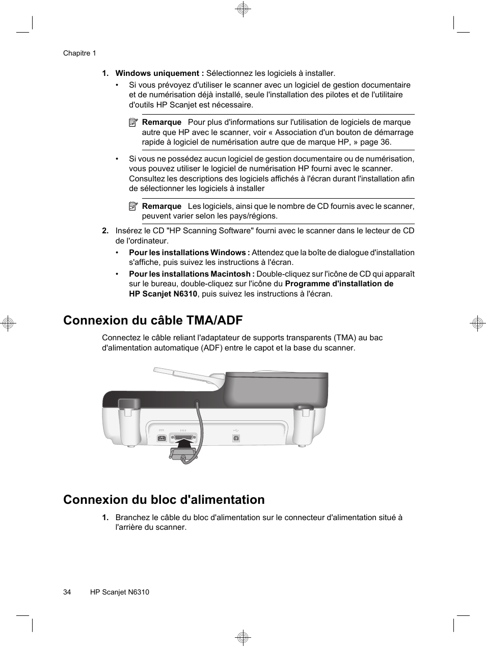 Connexion du câble tma/adf, Connexion du bloc d'alimentation | HP Scanjet N6310 User Manual | Page 38 / 128