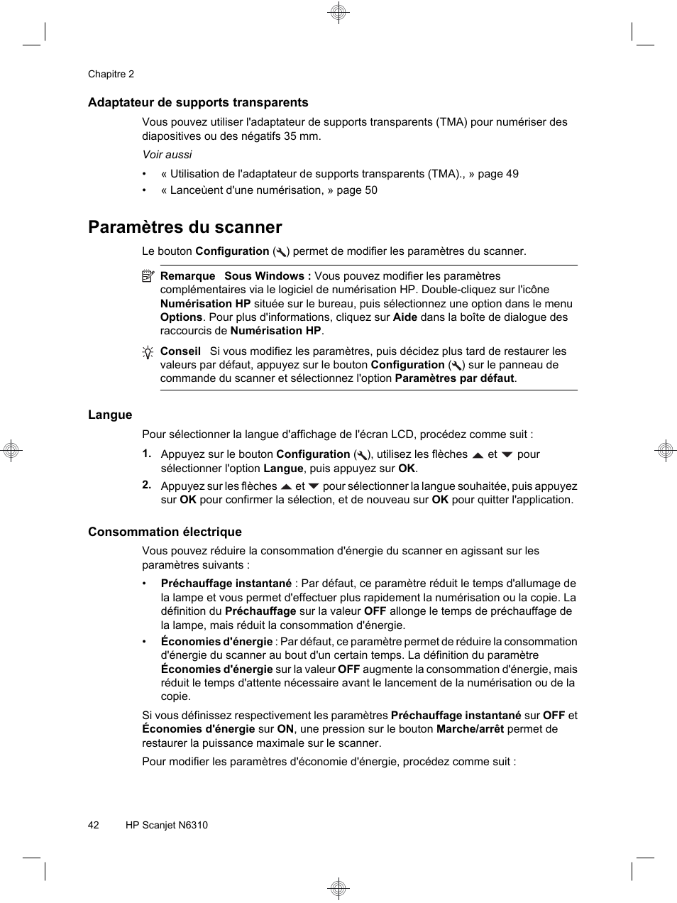 Paramètres du scanner | HP Scanjet N6310 User Manual | Page 46 / 128