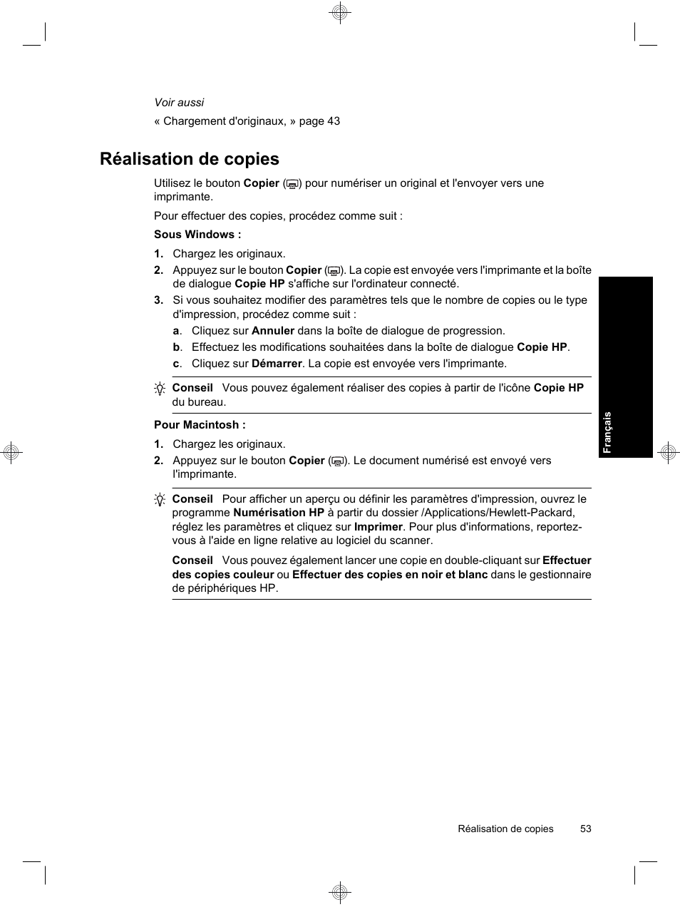 Réalisation de copies | HP Scanjet N6310 User Manual | Page 57 / 128