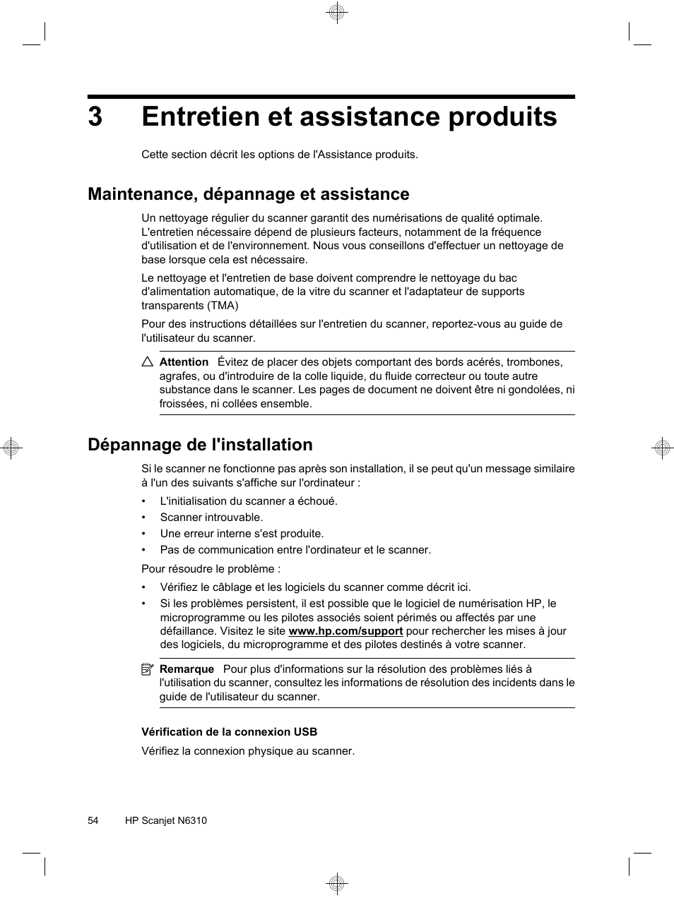 3entretien et assistance produits, Maintenance, dépannage et assistance, Dépannage de l'installation | HP Scanjet N6310 User Manual | Page 58 / 128