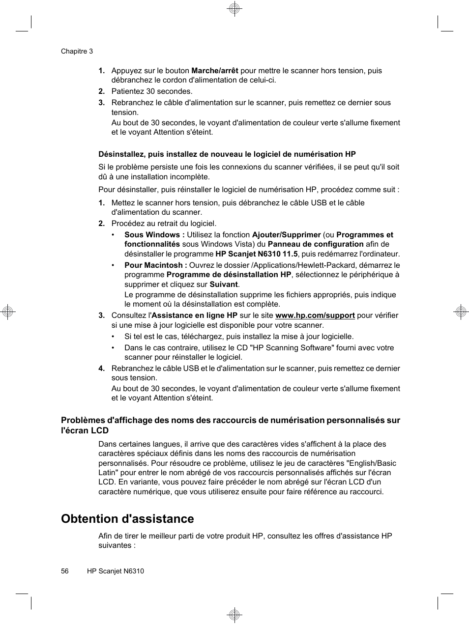 Obtention d'assistance | HP Scanjet N6310 User Manual | Page 60 / 128