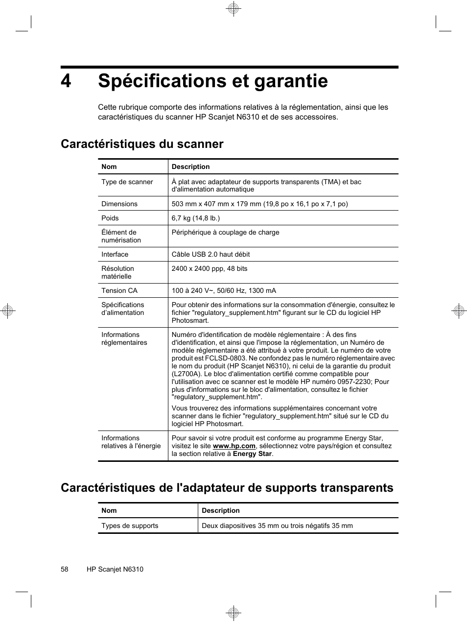 4spécifications et garantie, Caractéristiques du scanner | HP Scanjet N6310 User Manual | Page 62 / 128