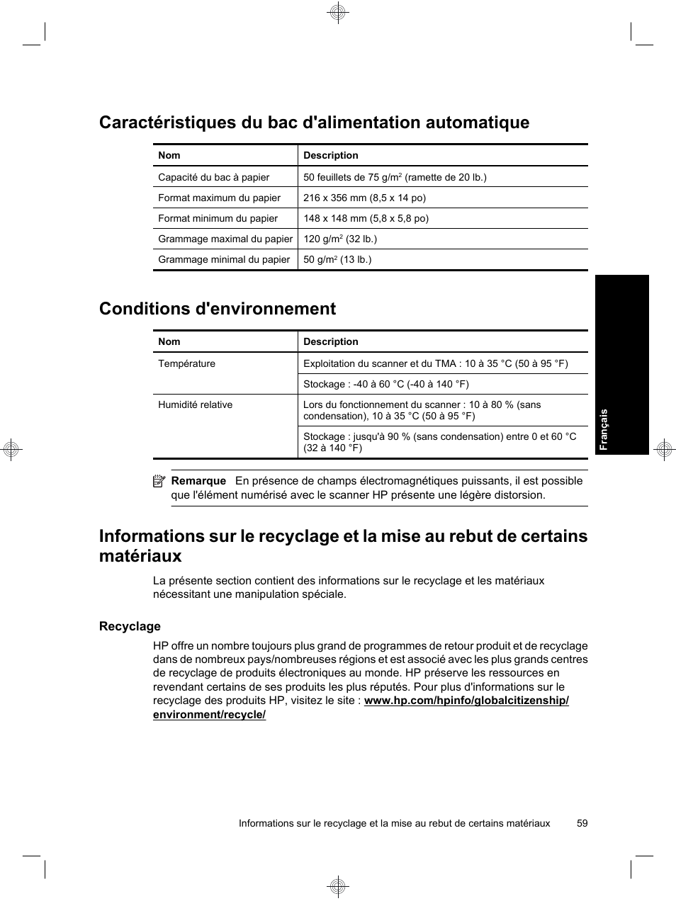 Caractéristiques du bac d'alimentation automatique, Conditions d'environnement | HP Scanjet N6310 User Manual | Page 63 / 128