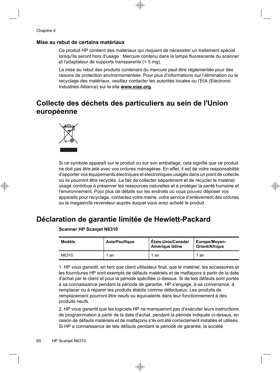 Déclaration de garantie limitée de hewlett-packard | HP Scanjet N6310 User Manual | Page 64 / 128