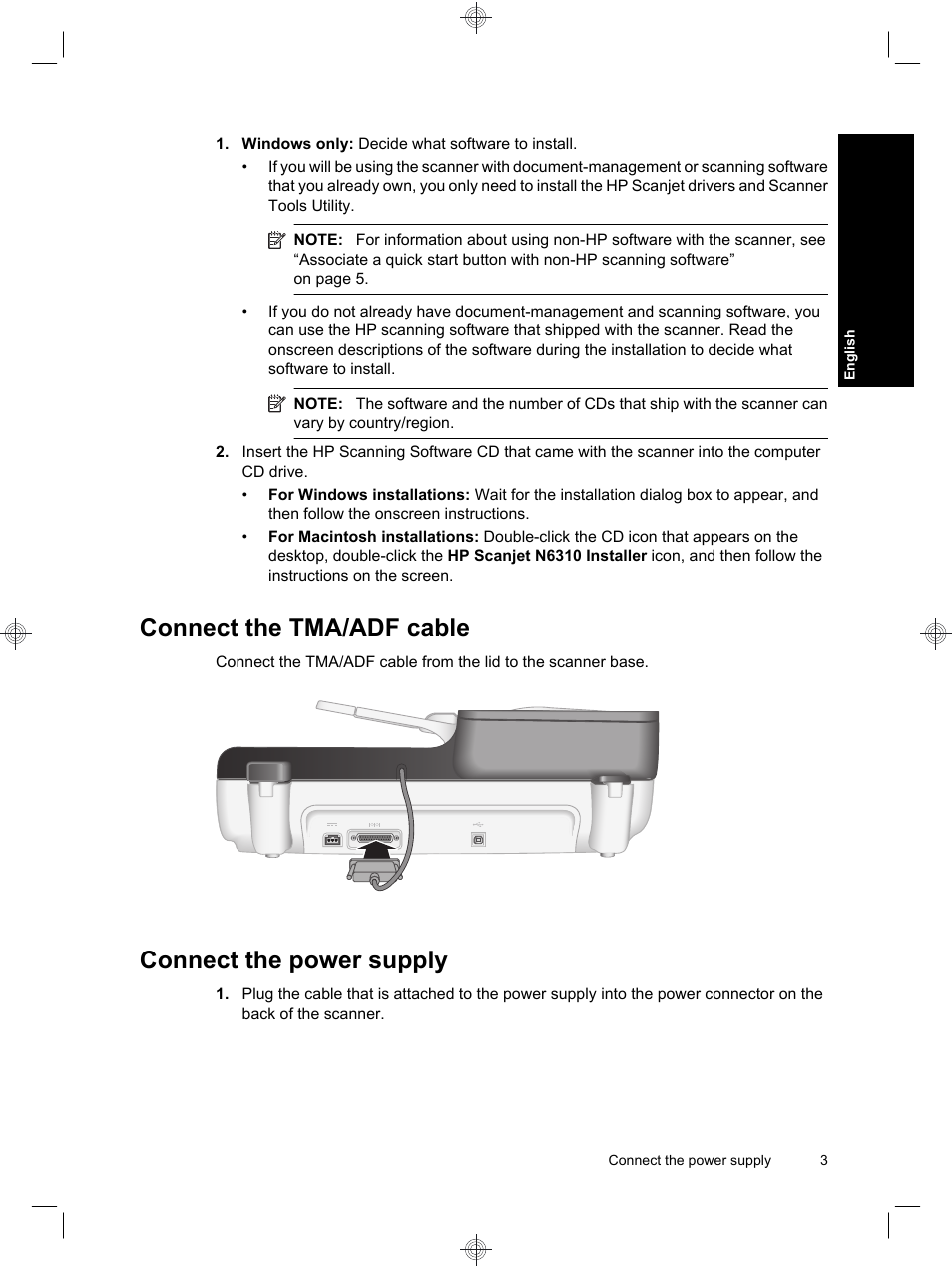 Connect the tma/adf cable, Connect the power supply | HP Scanjet N6310 User Manual | Page 7 / 128