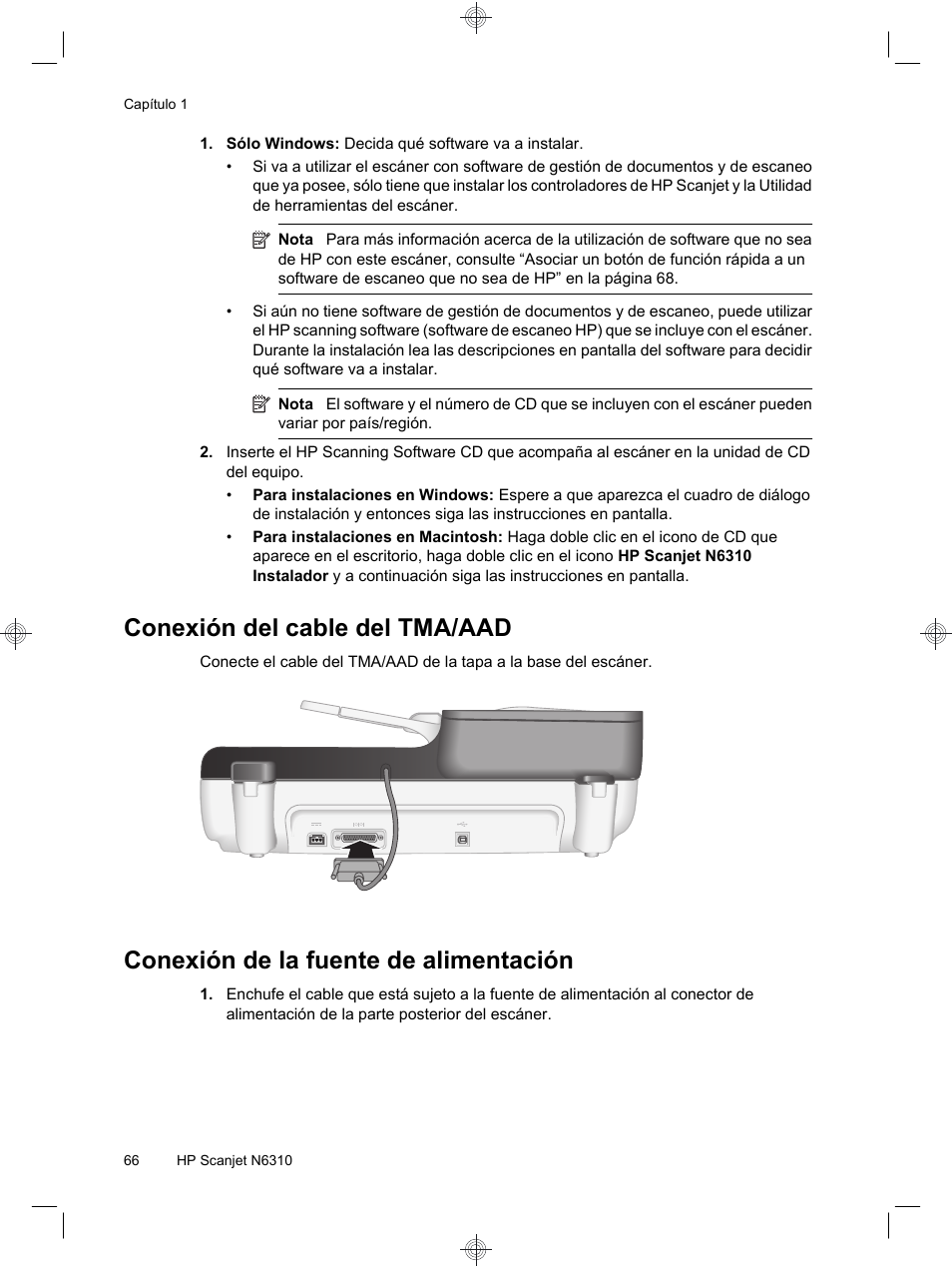Conexión del cable del tma/aad, Conexión de la fuente de alimentación | HP Scanjet N6310 User Manual | Page 70 / 128