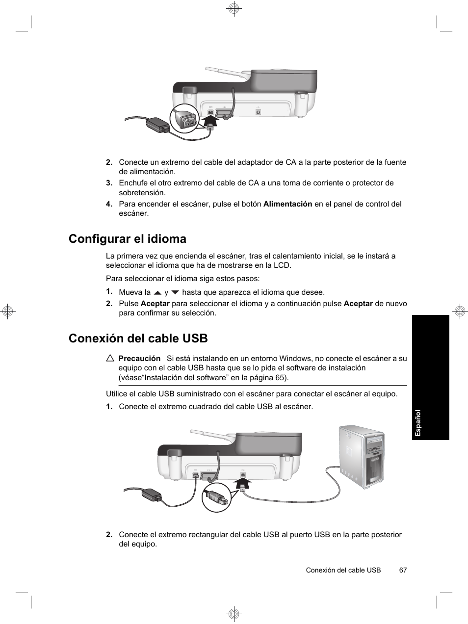 Configurar el idioma, Conexión del cable usb | HP Scanjet N6310 User Manual | Page 71 / 128