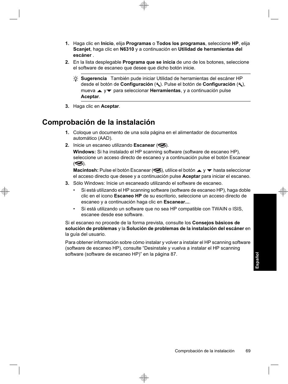 Comprobación de la instalación | HP Scanjet N6310 User Manual | Page 73 / 128