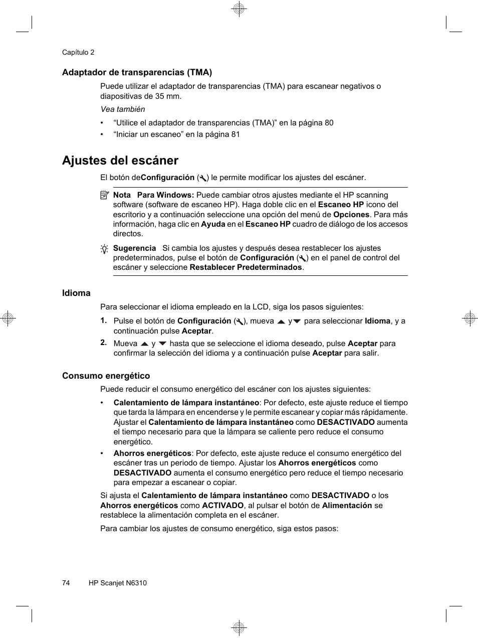 Ajustes del escáner | HP Scanjet N6310 User Manual | Page 78 / 128