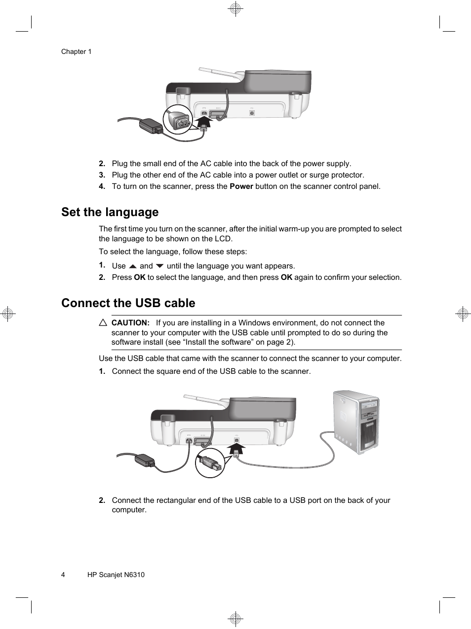 Set the language, Connect the usb cable | HP Scanjet N6310 User Manual | Page 8 / 128