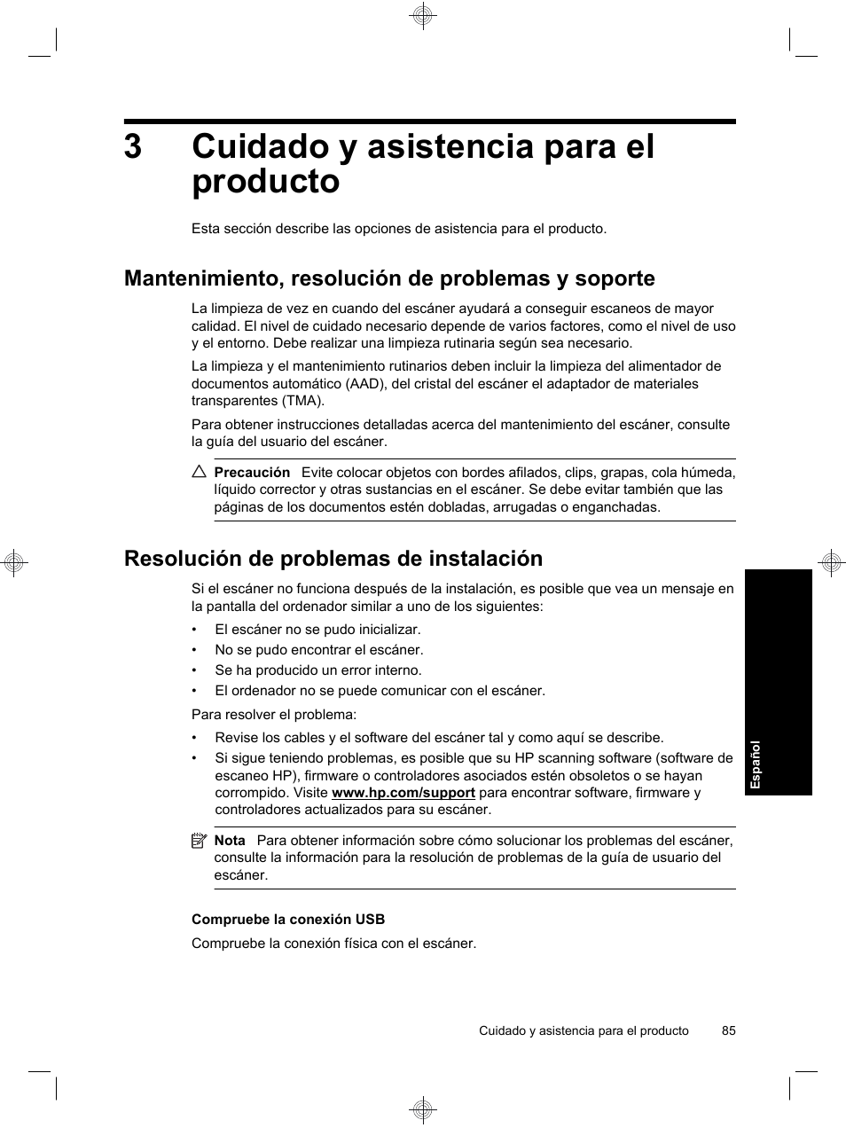 3cuidado y asistencia para el producto, Mantenimiento, resolución de problemas y soporte, Resolución de problemas de instalación | HP Scanjet N6310 User Manual | Page 89 / 128