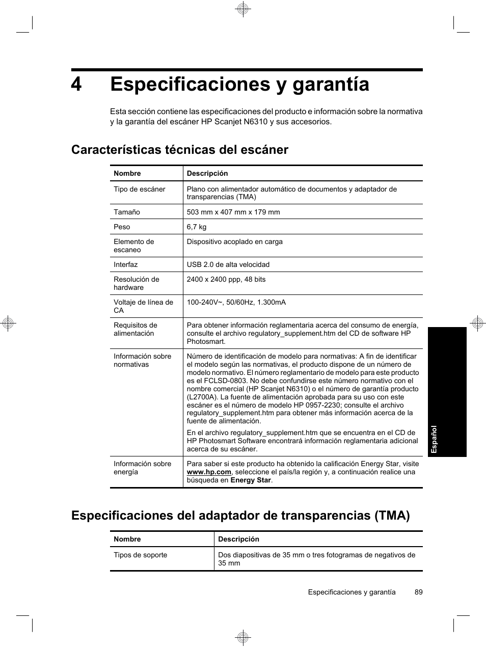 4especificaciones y garantía, Características técnicas del escáner | HP Scanjet N6310 User Manual | Page 93 / 128