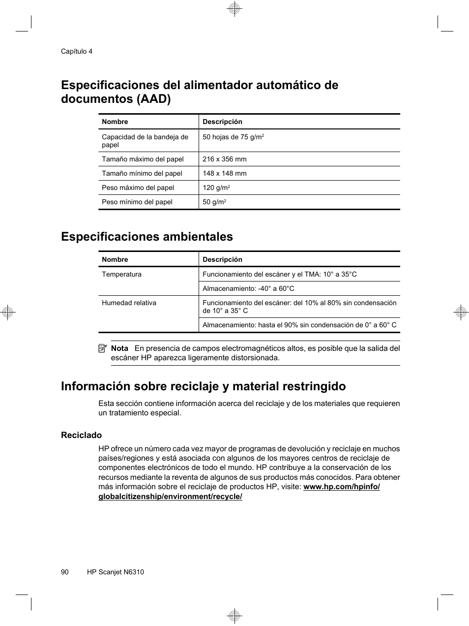 Especificaciones ambientales, Información sobre reciclaje y material restringido | HP Scanjet N6310 User Manual | Page 94 / 128