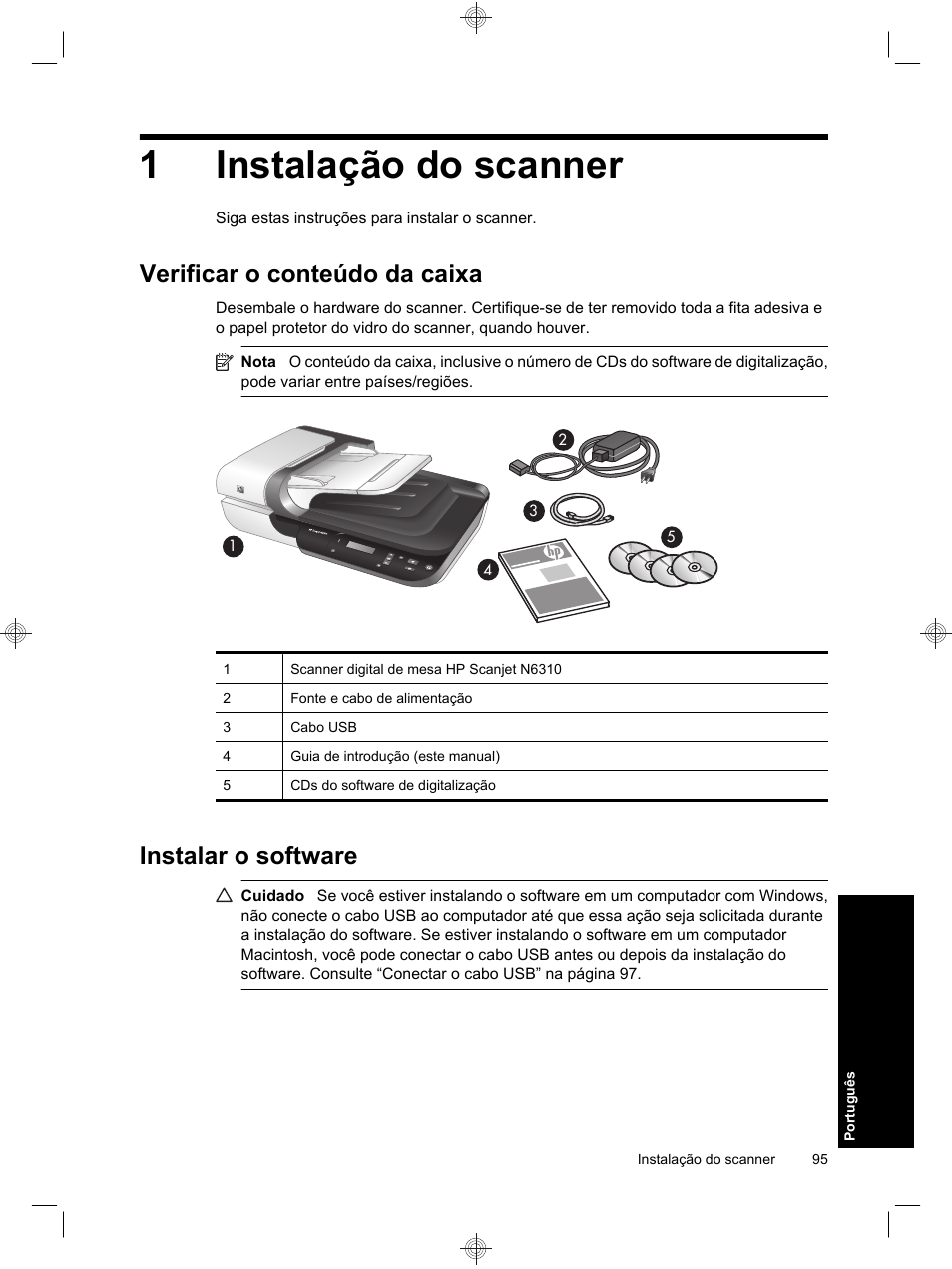 1instalação do scanner, Verificar o conteúdo da caixa, Instalar o software | HP Scanjet N6310 User Manual | Page 99 / 128