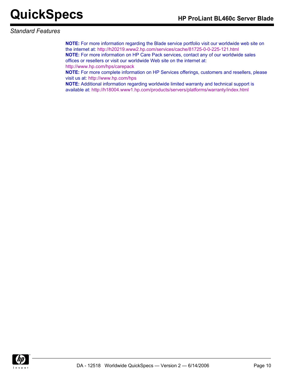 Quickspecs | HP ProLiant BL460c User Manual | Page 10 / 30