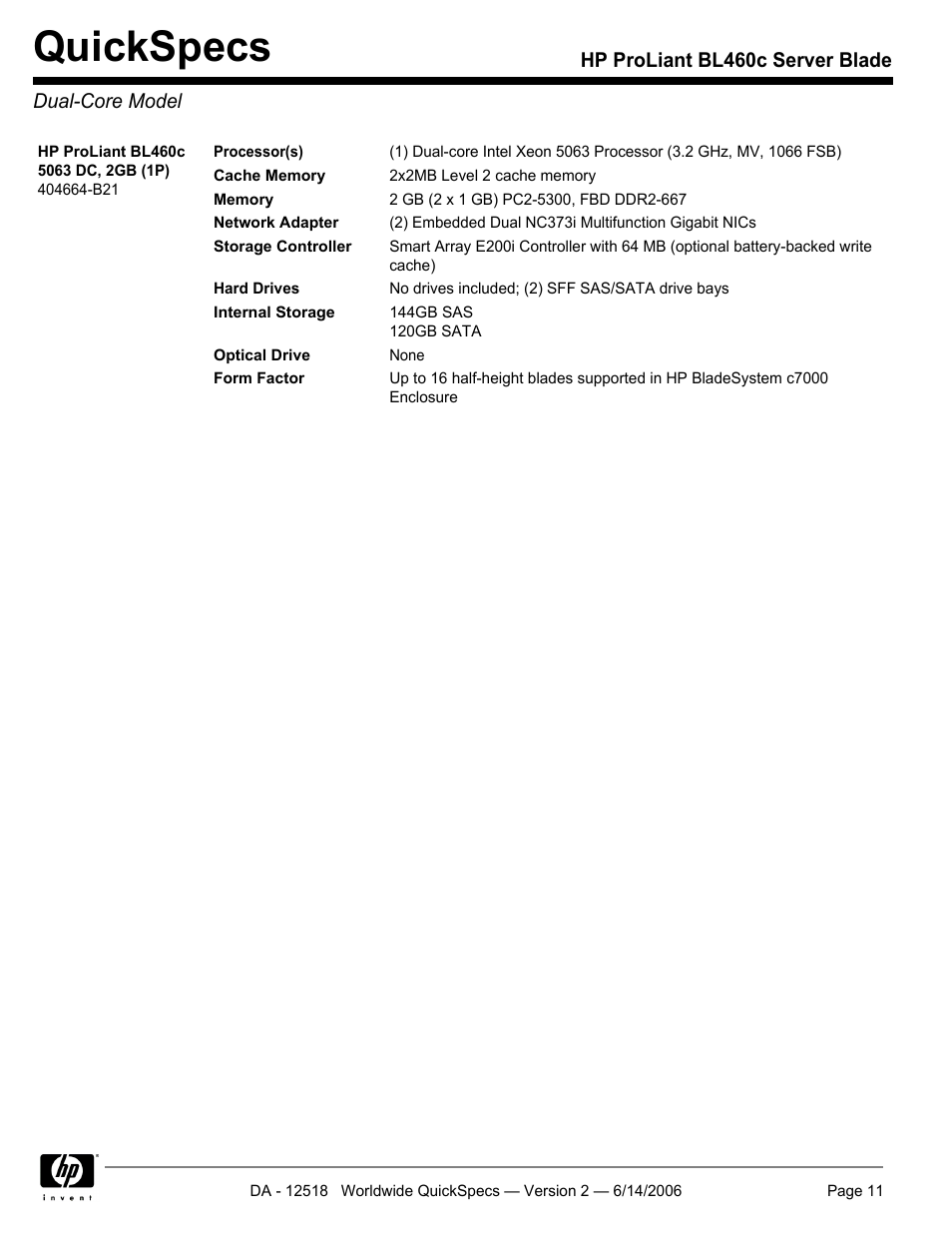 Dual-core model, Quickspecs, Hp proliant bl460c server blade dual-core model | HP ProLiant BL460c User Manual | Page 11 / 30