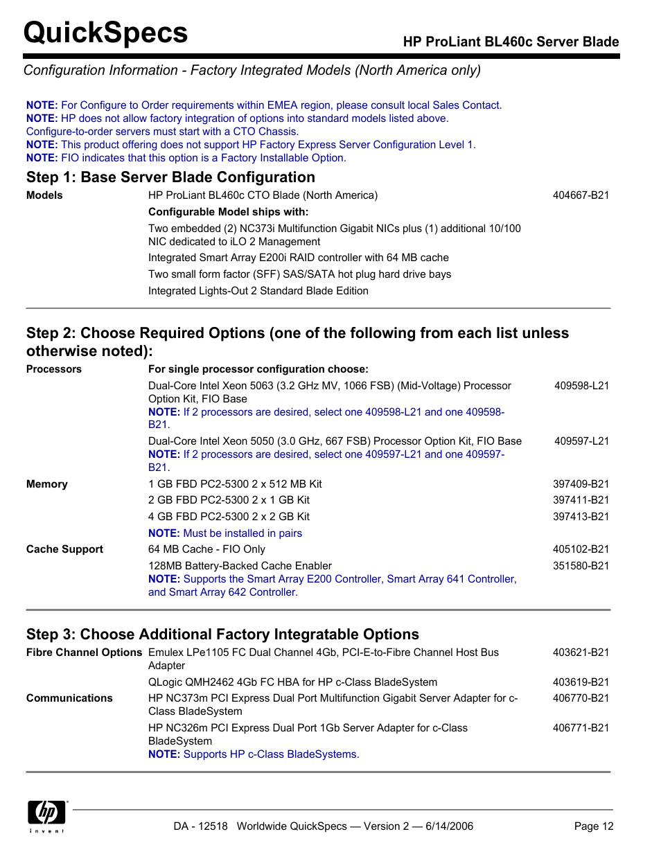 Quickspecs, Step 1: base server blade configuration | HP ProLiant BL460c User Manual | Page 12 / 30