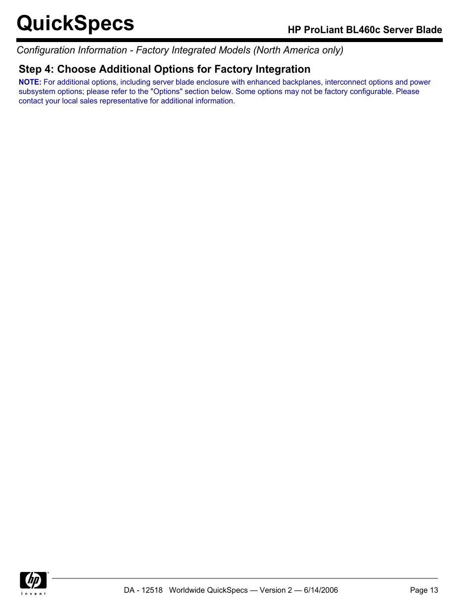 Quickspecs | HP ProLiant BL460c User Manual | Page 13 / 30