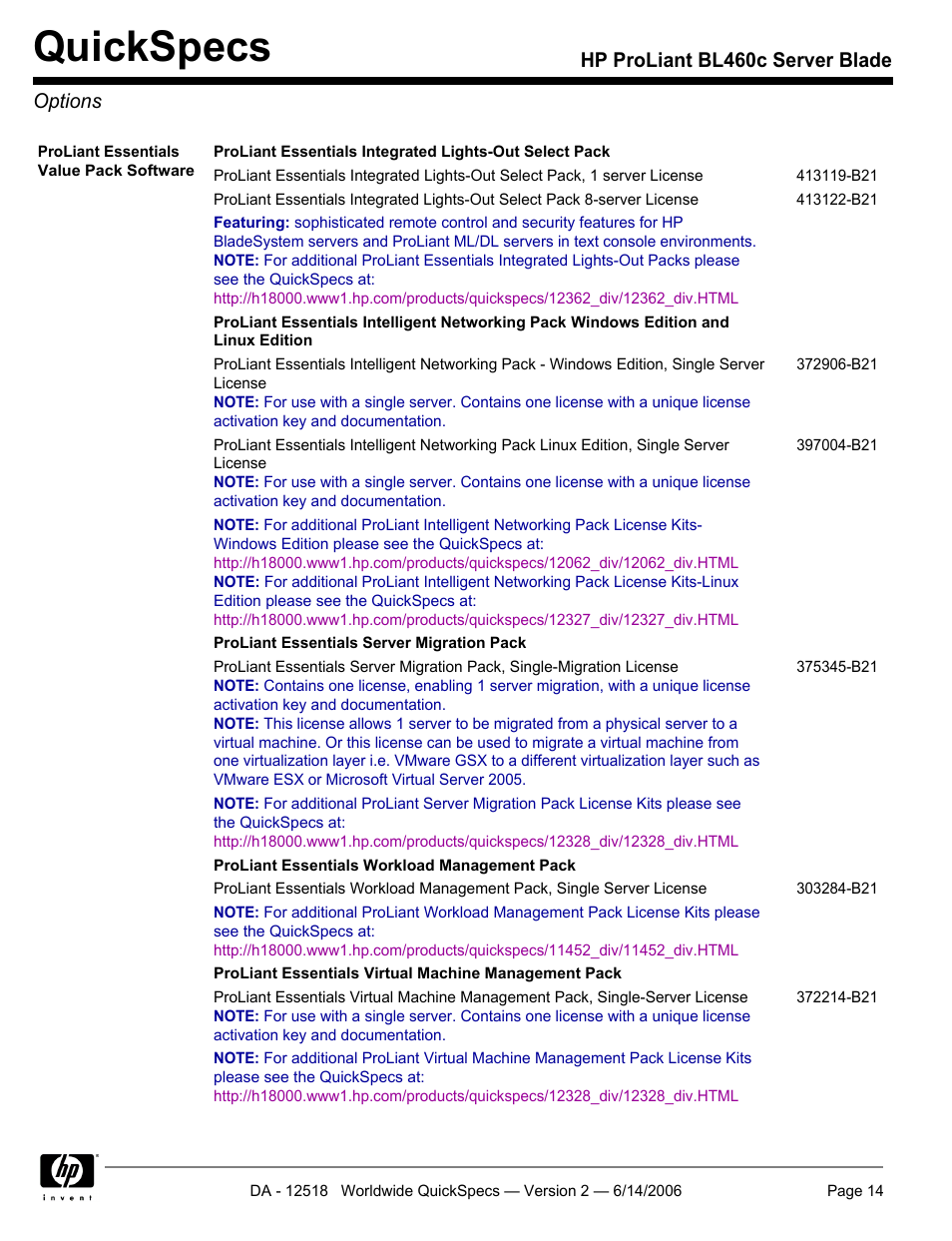 Options, Quickspecs, Hp proliant bl460c server blade options | HP ProLiant BL460c User Manual | Page 14 / 30