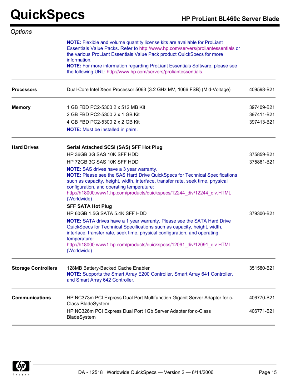 Quickspecs, Hp proliant bl460c server blade options | HP ProLiant BL460c User Manual | Page 15 / 30