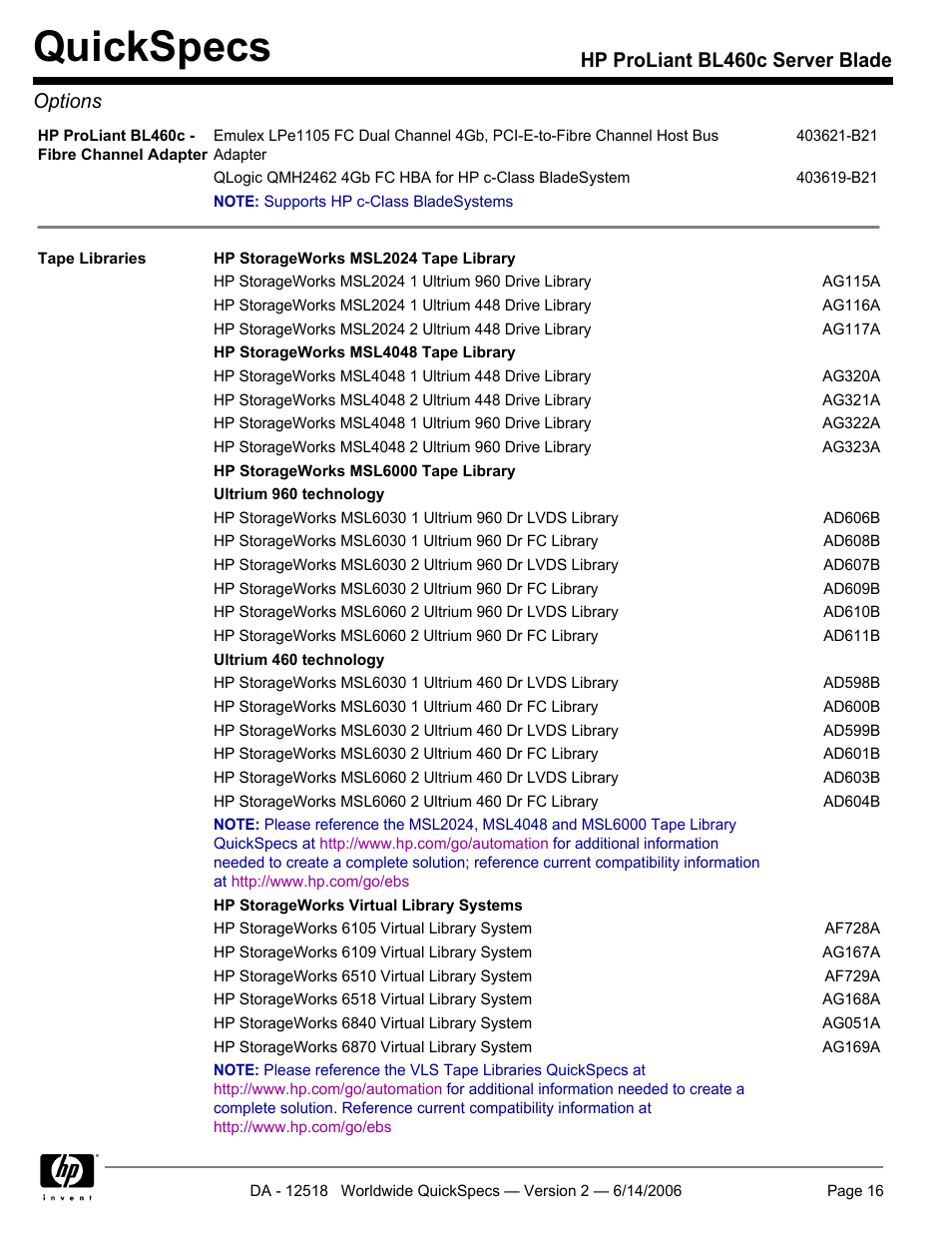 Quickspecs, Hp proliant bl460c server blade options | HP ProLiant BL460c User Manual | Page 16 / 30