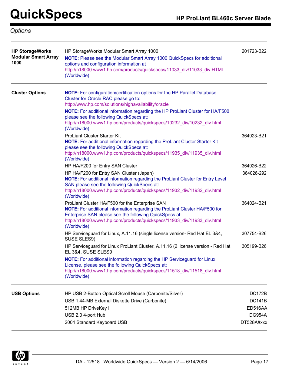Quickspecs, Hp proliant bl460c server blade options | HP ProLiant BL460c User Manual | Page 17 / 30