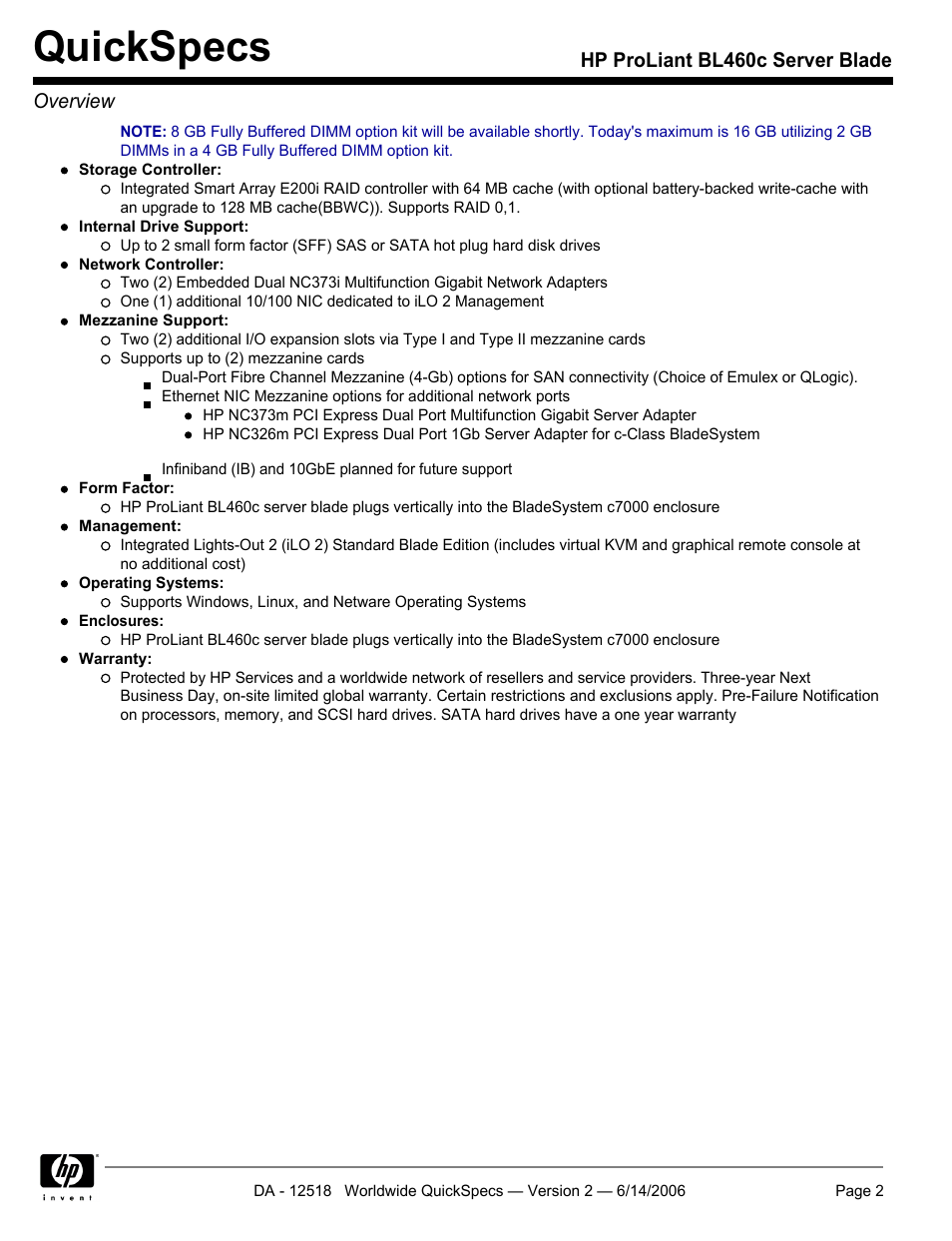 Quickspecs, Hp proliant bl460c server blade overview | HP ProLiant BL460c User Manual | Page 2 / 30