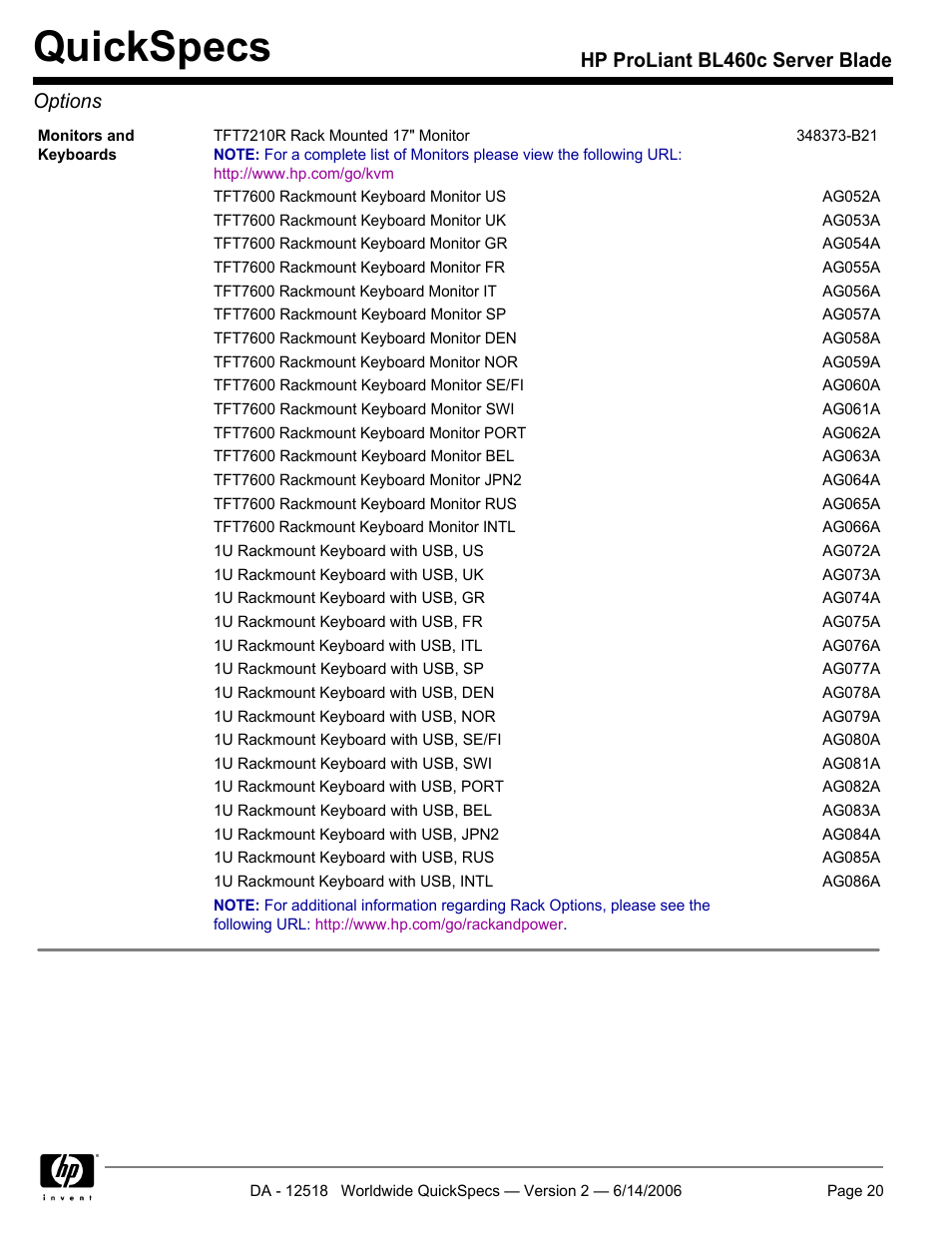 Quickspecs, Hp proliant bl460c server blade options | HP ProLiant BL460c User Manual | Page 20 / 30