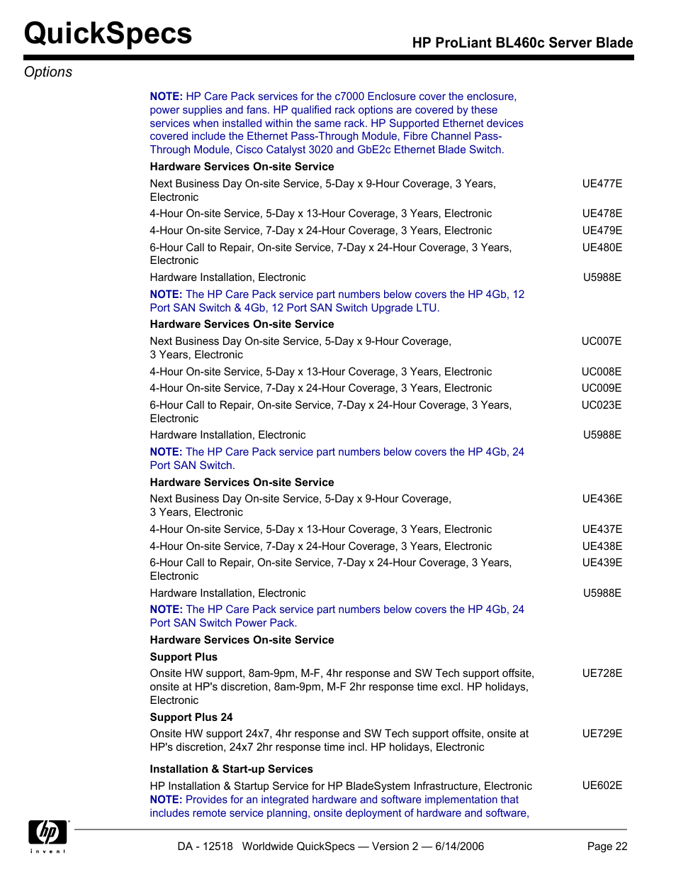 Quickspecs, Hp proliant bl460c server blade options | HP ProLiant BL460c User Manual | Page 22 / 30