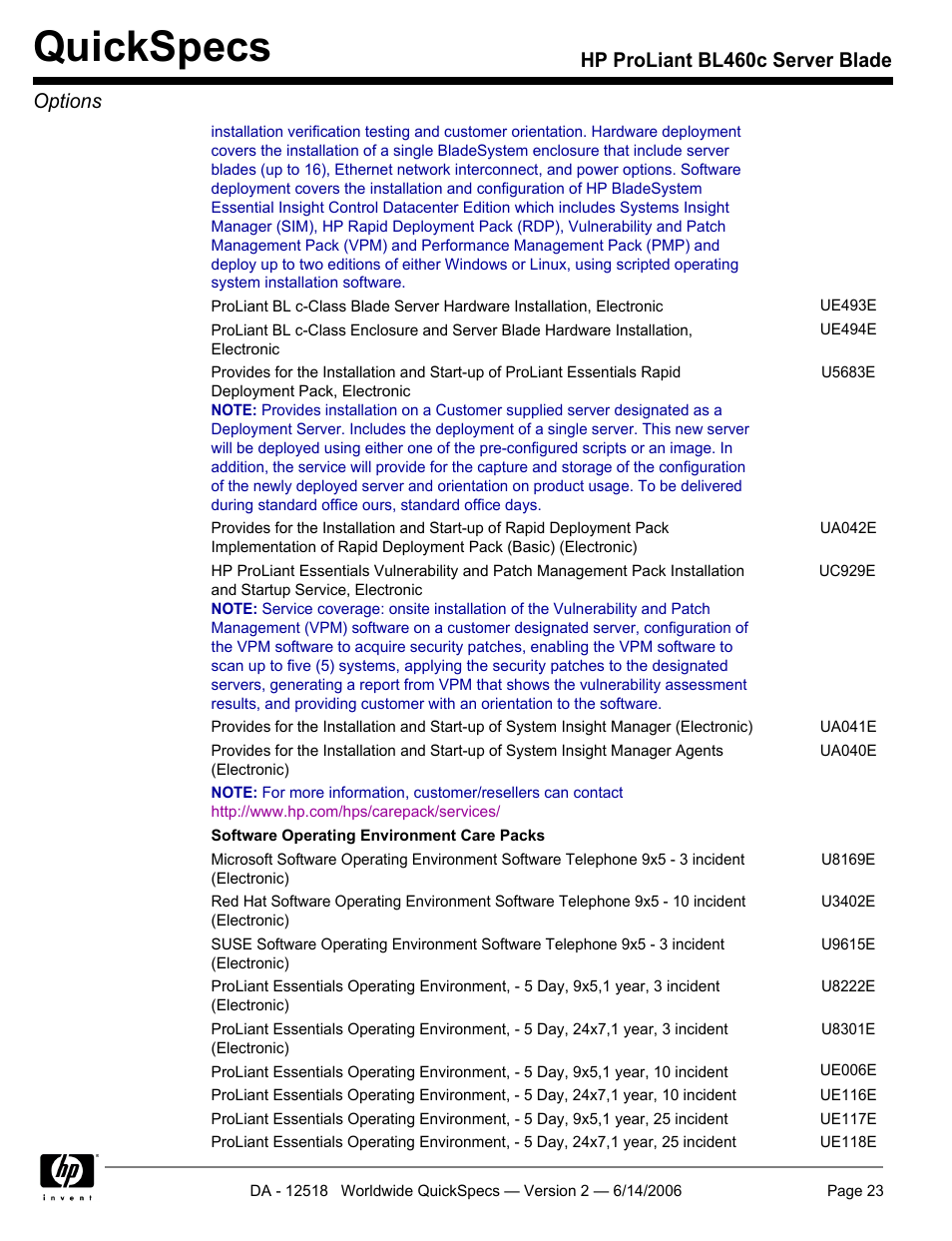 Quickspecs, Hp proliant bl460c server blade options | HP ProLiant BL460c User Manual | Page 23 / 30