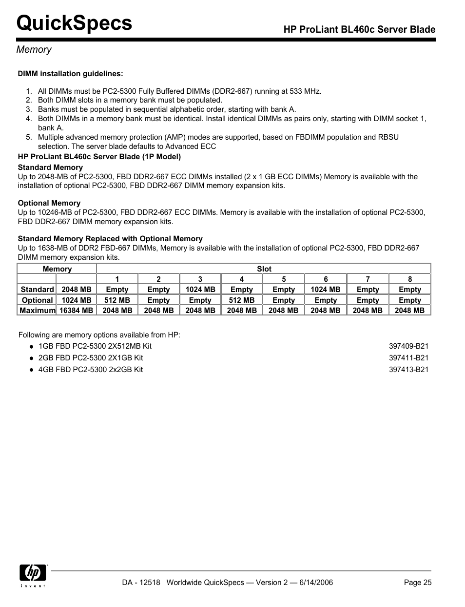 Memory, Quickspecs | HP ProLiant BL460c User Manual | Page 25 / 30