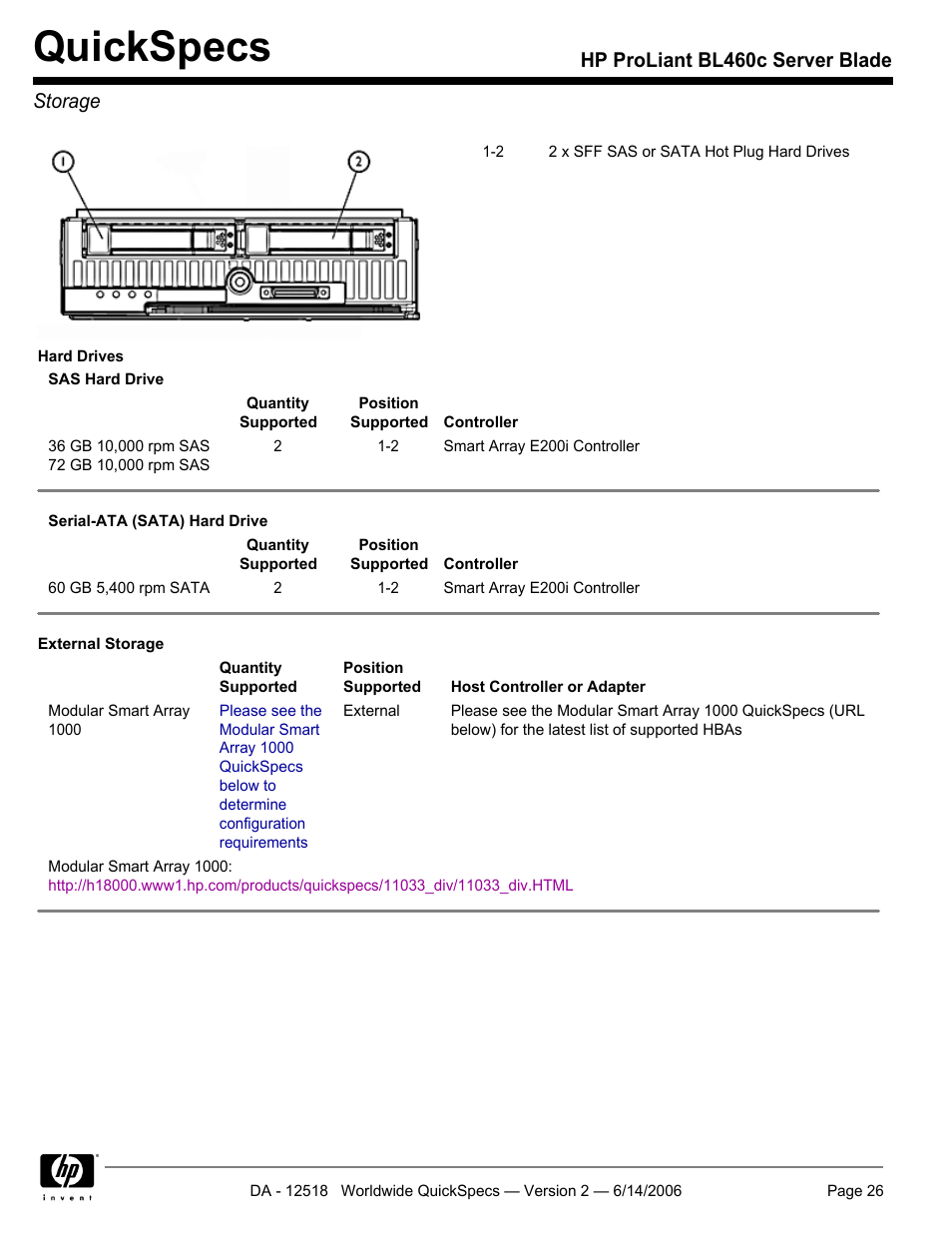 Storage, Quickspecs, Hp proliant bl460c server blade storage | HP ProLiant BL460c User Manual | Page 26 / 30