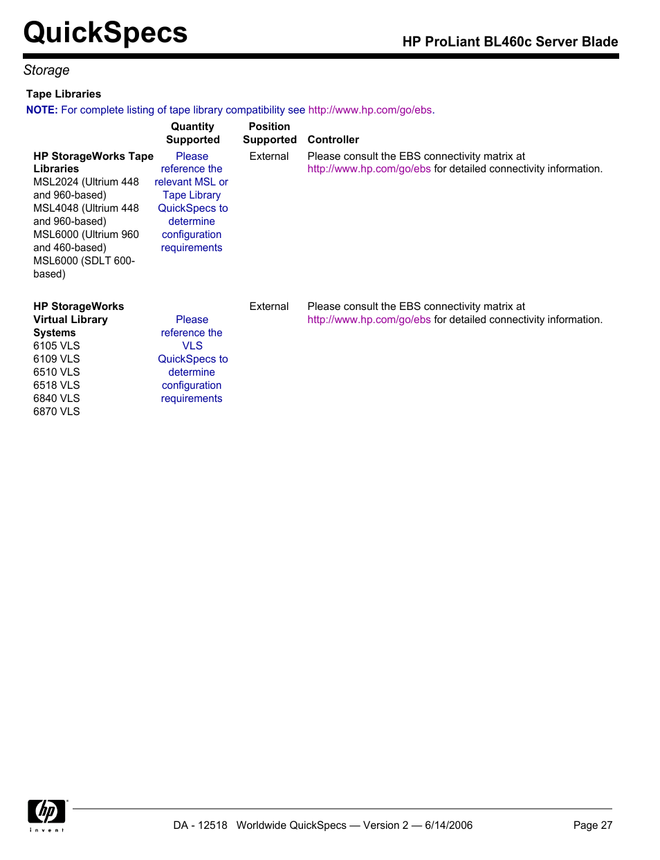 Quickspecs, Hp proliant bl460c server blade storage | HP ProLiant BL460c User Manual | Page 27 / 30