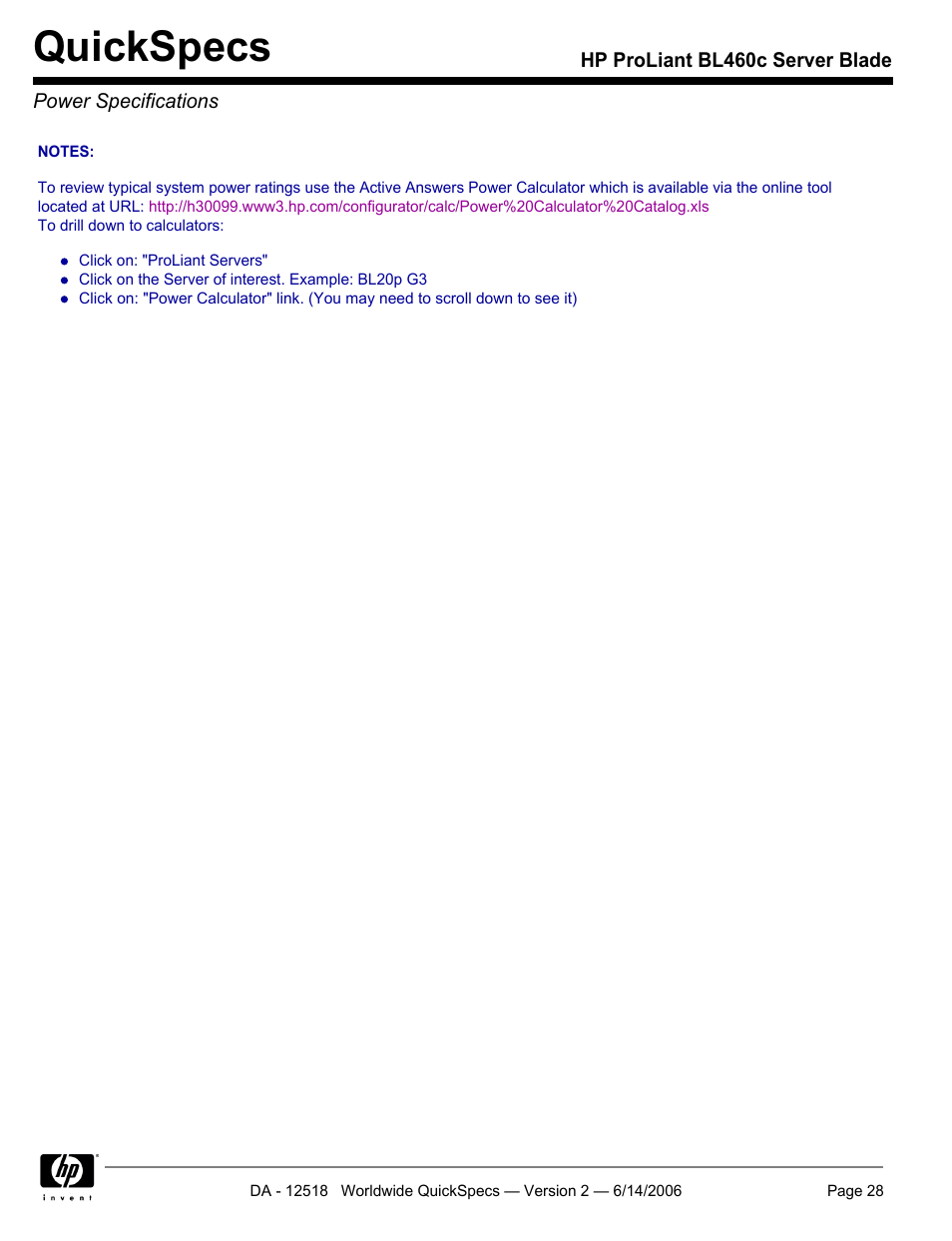Power specifications, Quickspecs | HP ProLiant BL460c User Manual | Page 28 / 30