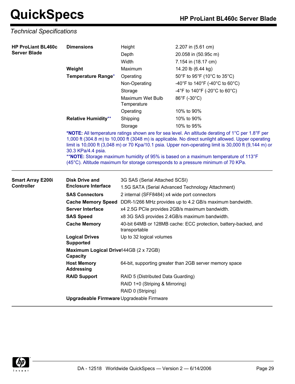 Technical specifications, Quickspecs | HP ProLiant BL460c User Manual | Page 29 / 30