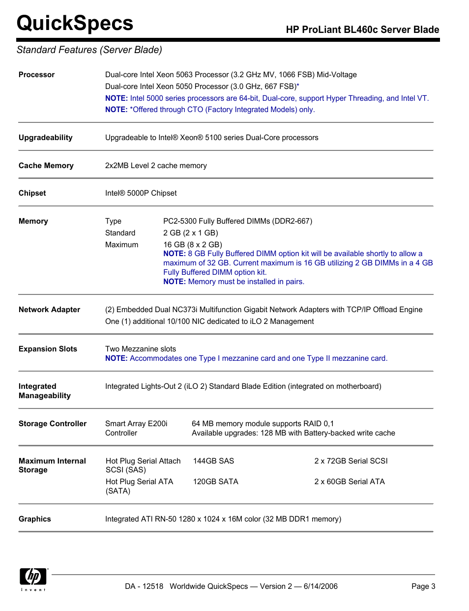 Standard features (server blade), Quickspecs | HP ProLiant BL460c User Manual | Page 3 / 30