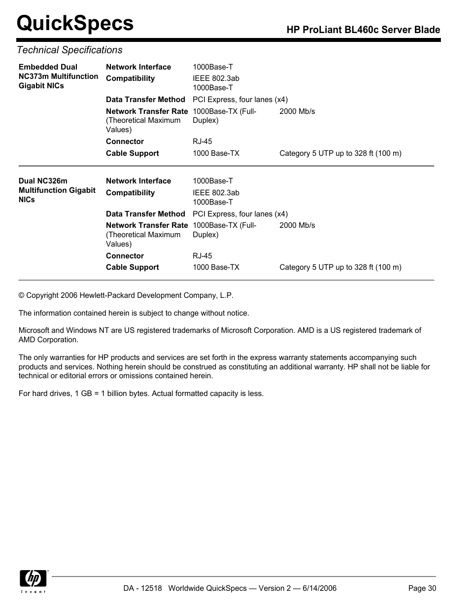 Quickspecs | HP ProLiant BL460c User Manual | Page 30 / 30