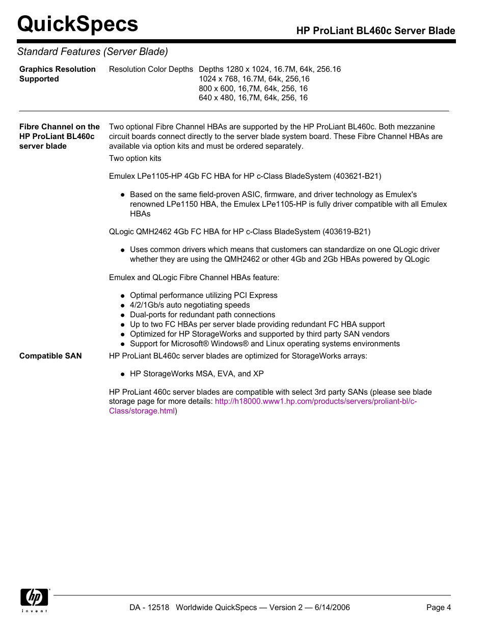 Quickspecs | HP ProLiant BL460c User Manual | Page 4 / 30