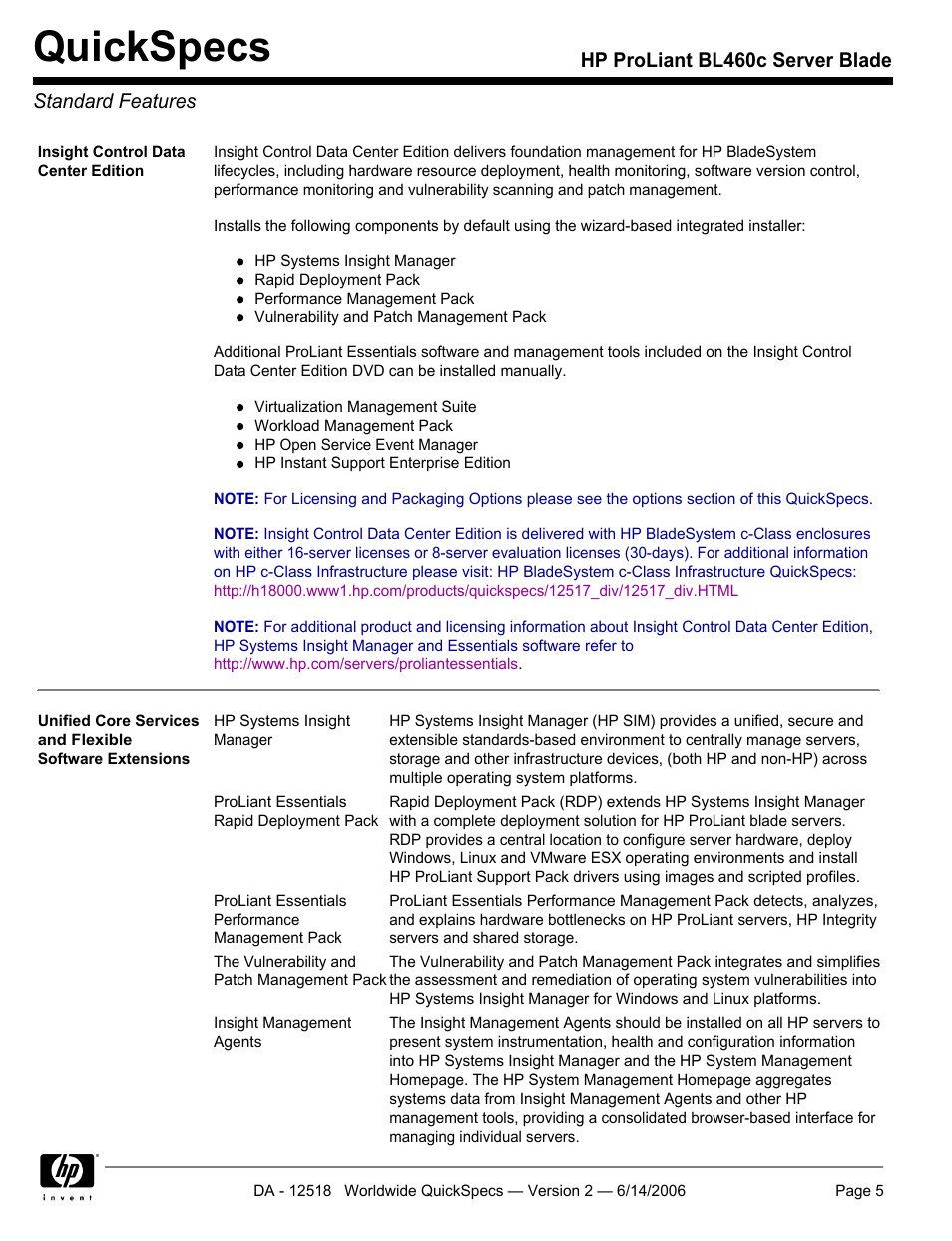 Standard features, Quickspecs, Hp proliant bl460c server blade standard features | HP ProLiant BL460c User Manual | Page 5 / 30