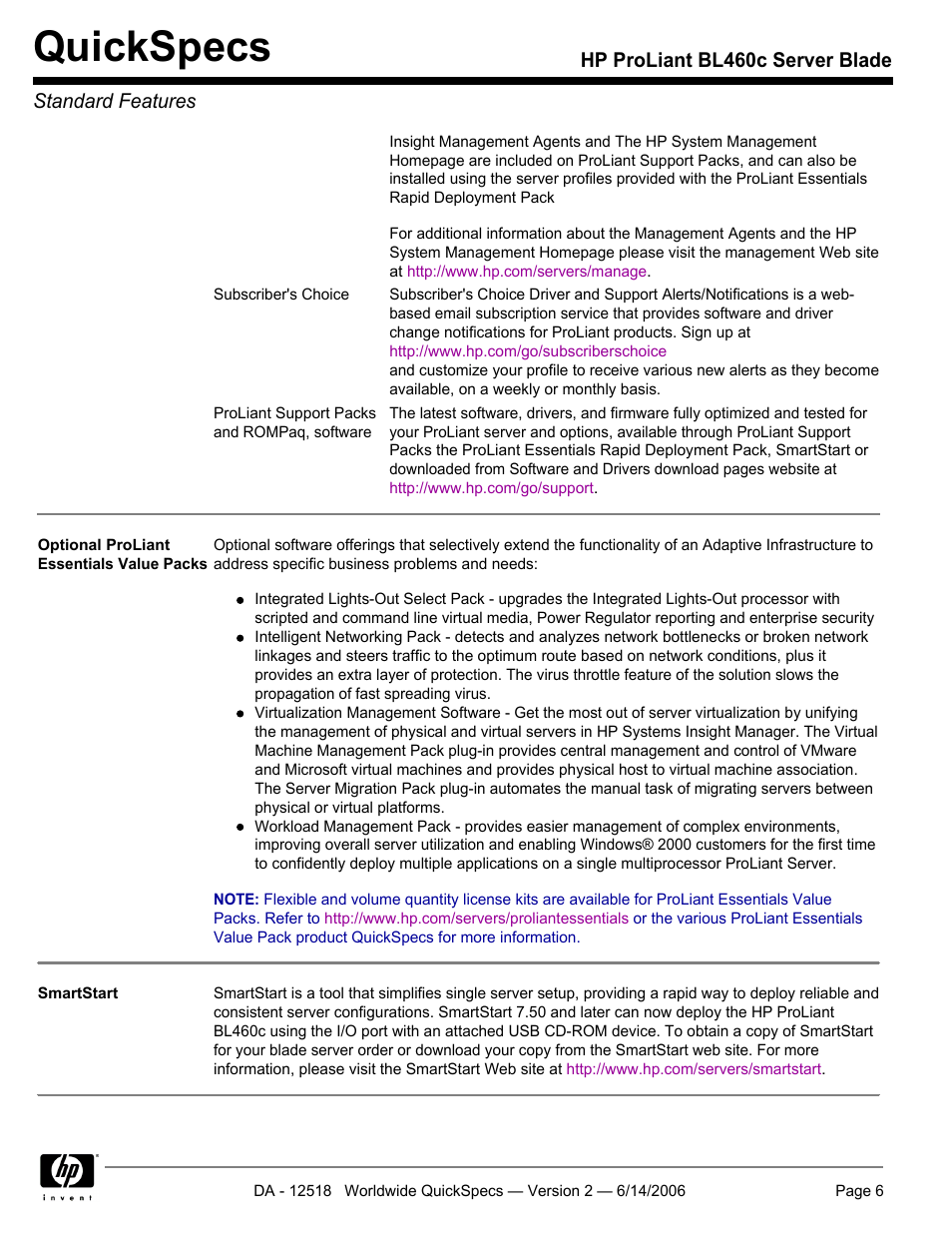 Quickspecs, Hp proliant bl460c server blade standard features | HP ProLiant BL460c User Manual | Page 6 / 30