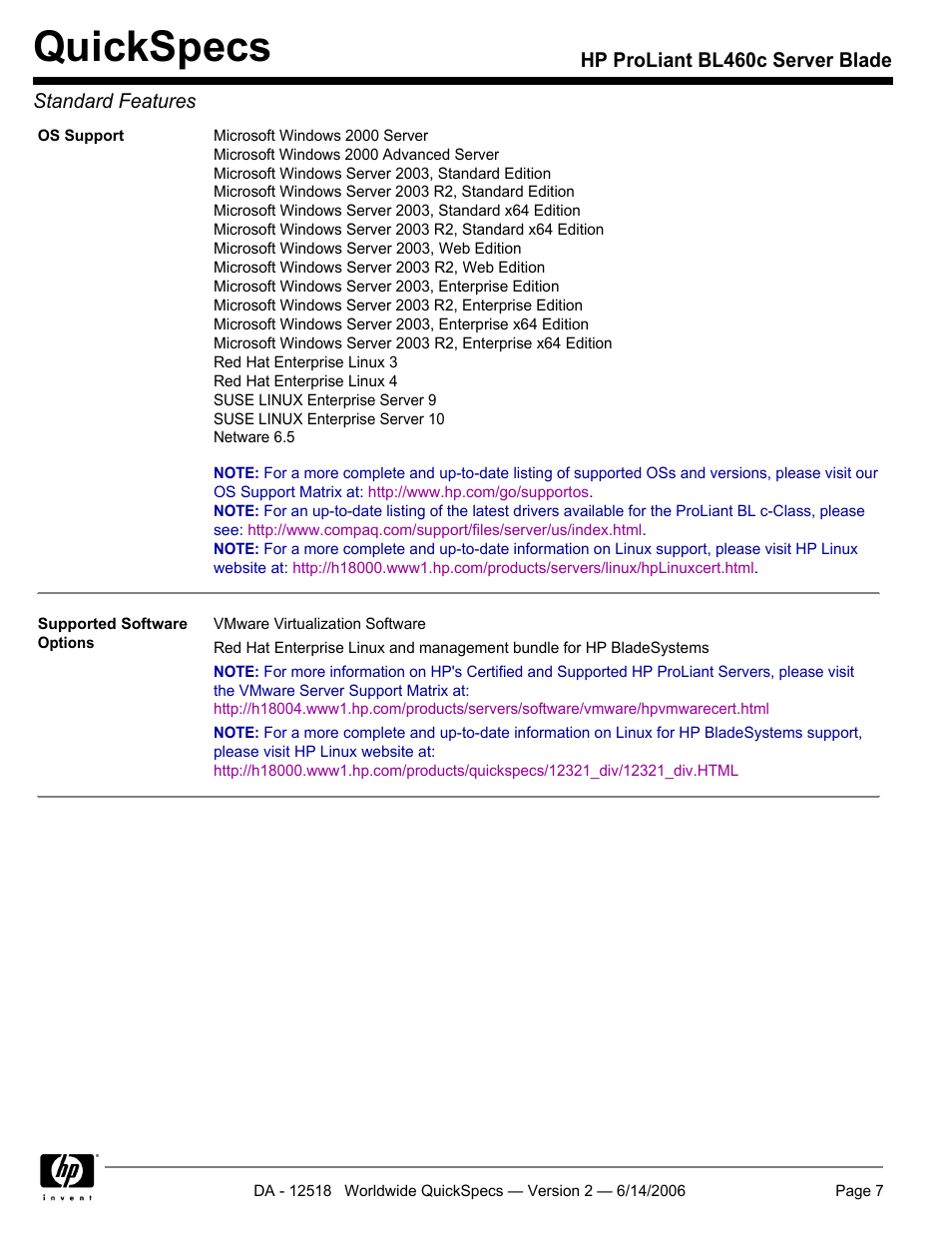 Quickspecs | HP ProLiant BL460c User Manual | Page 7 / 30