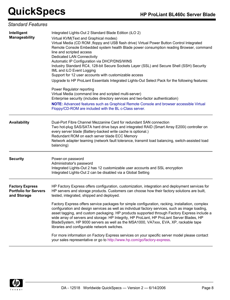Quickspecs | HP ProLiant BL460c User Manual | Page 8 / 30
